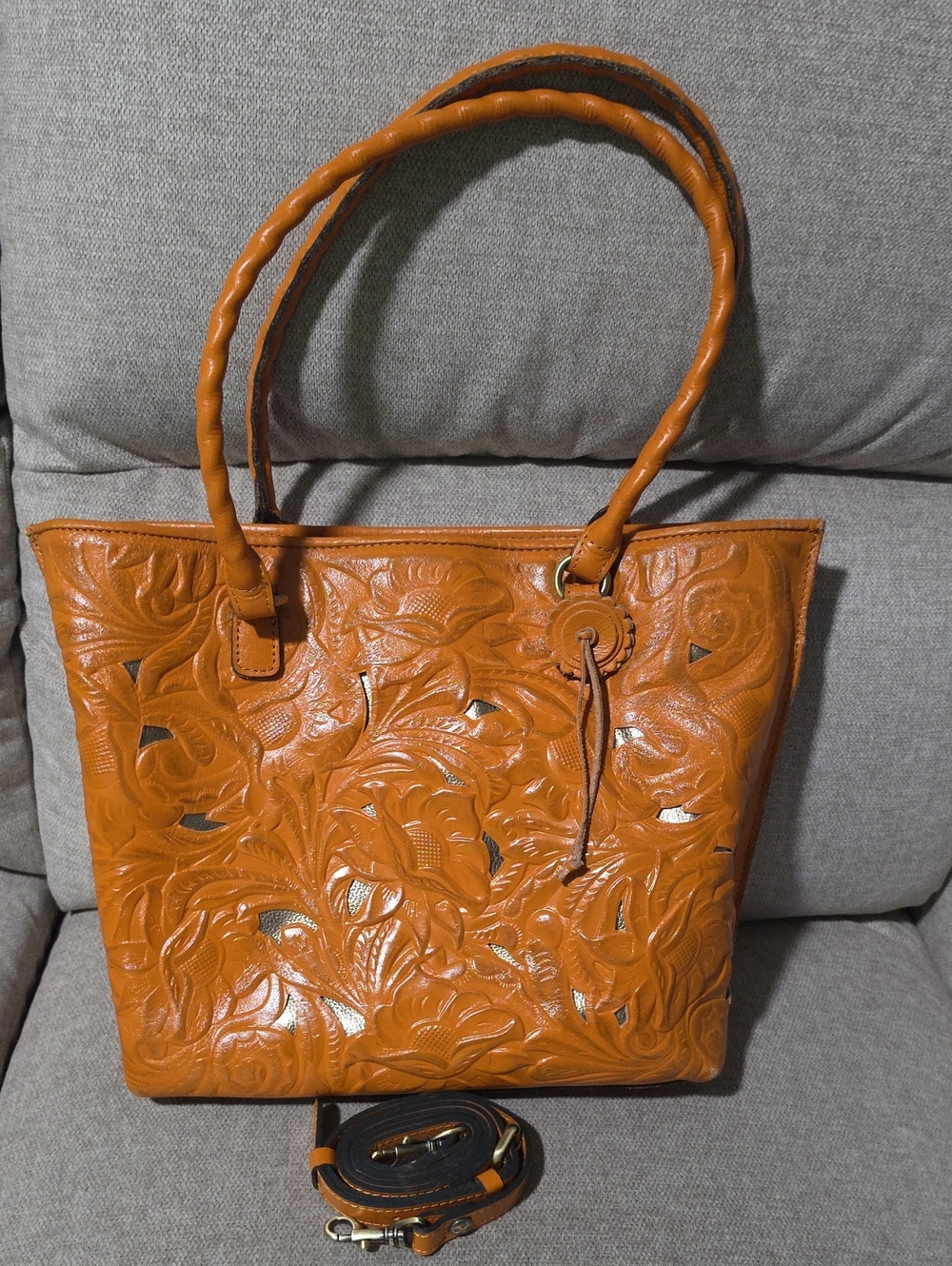Patricia Nash Cognac Floral Tooled Leather Tote